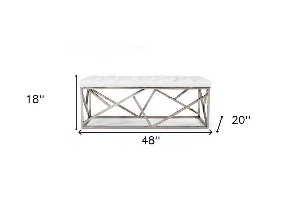 48" White and Silver Tufted Faux Leather Upholstered Bench HomeRoots