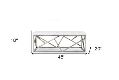 48" White and Silver Tufted Faux Leather Upholstered Bench HomeRoots