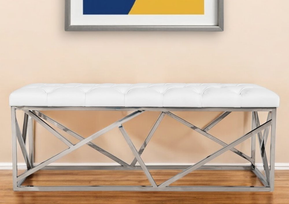 48" White and Silver Tufted Faux Leather Upholstered Bench HomeRoots