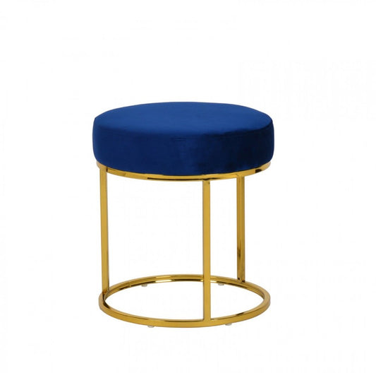 16" Blue Velvet And Gold Round Footstool Ottoman HomeRoots