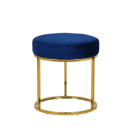 16" Blue Velvet And Gold Round Footstool Ottoman HomeRoots