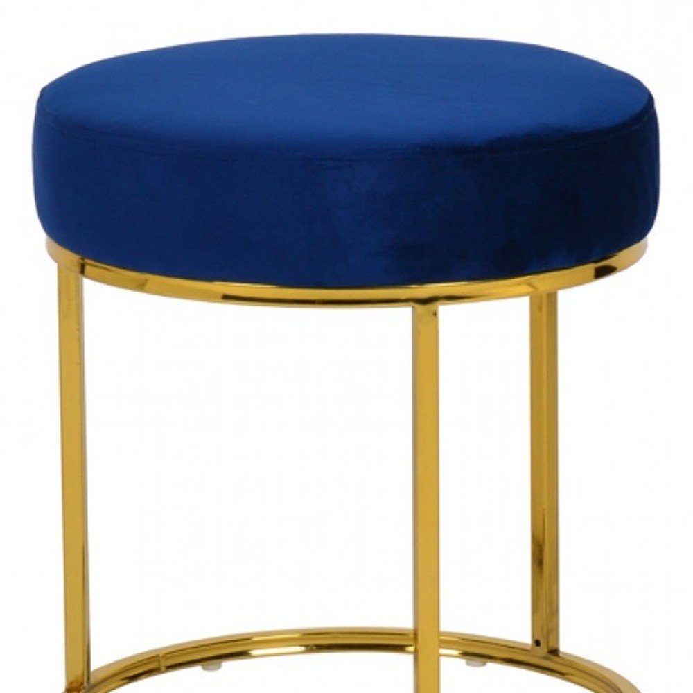 16" Blue Velvet And Gold Round Footstool Ottoman HomeRoots