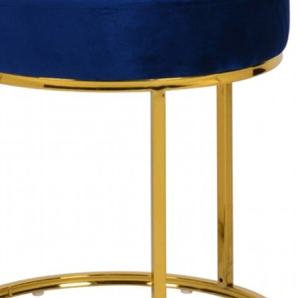 16" Blue Velvet And Gold Round Footstool Ottoman HomeRoots
