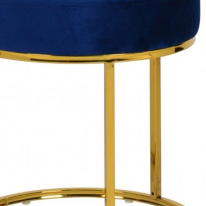 16" Blue Velvet And Gold Round Footstool Ottoman HomeRoots
