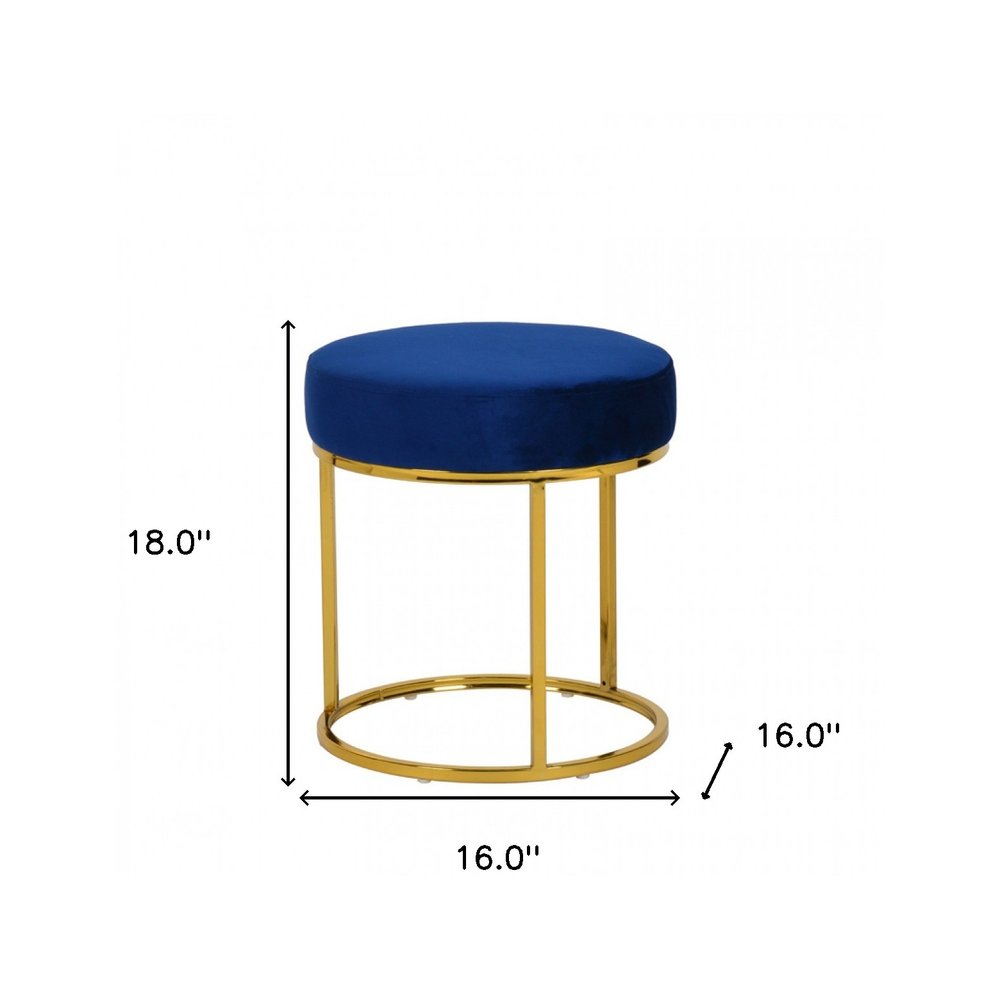 16" Blue Velvet And Gold Round Footstool Ottoman HomeRoots