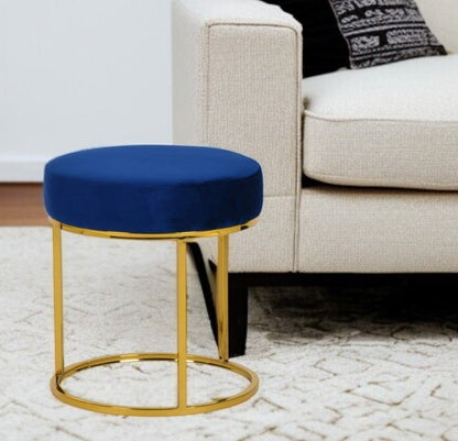 16" Blue Velvet And Gold Round Footstool Ottoman HomeRoots