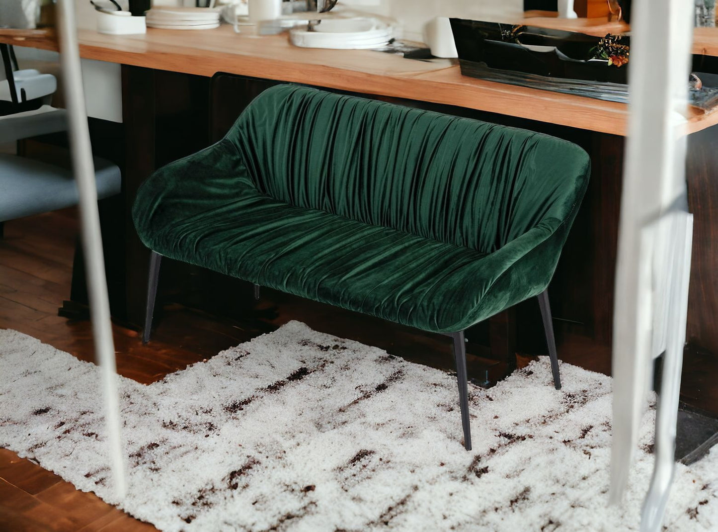 56" Green And Dark Brown Upholstered Velvet Dining bench