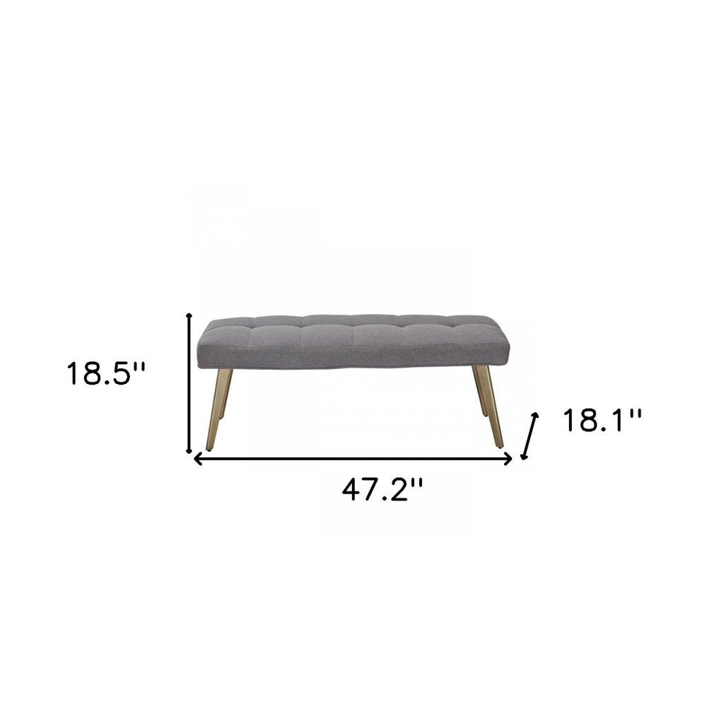 47" Gray and Antiqued Brass Tufted Linen Blend Upholstered Dining Bench HomeRoots