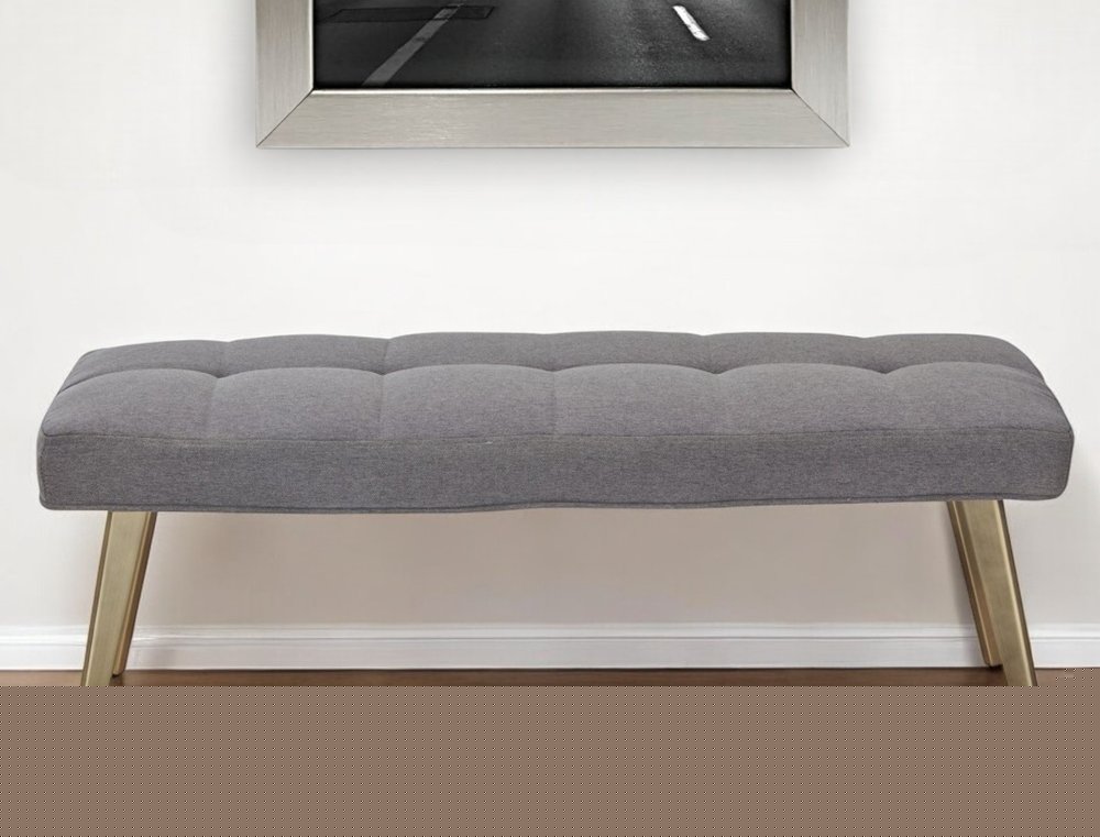 47" Gray and Antiqued Brass Tufted Linen Blend Upholstered Dining Bench HomeRoots