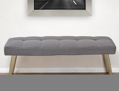 47" Gray and Antiqued Brass Tufted Linen Blend Upholstered Dining Bench HomeRoots