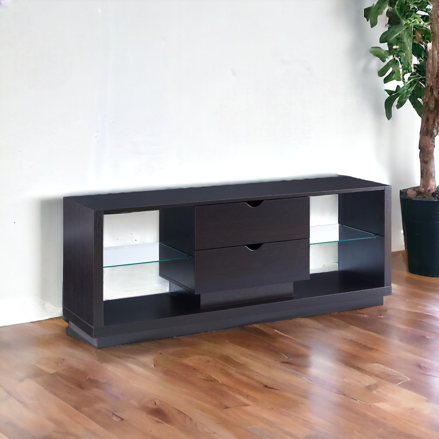 60" Dark Brown Particle Board And Mdf Cabinet Enclosed Storage TV Stand