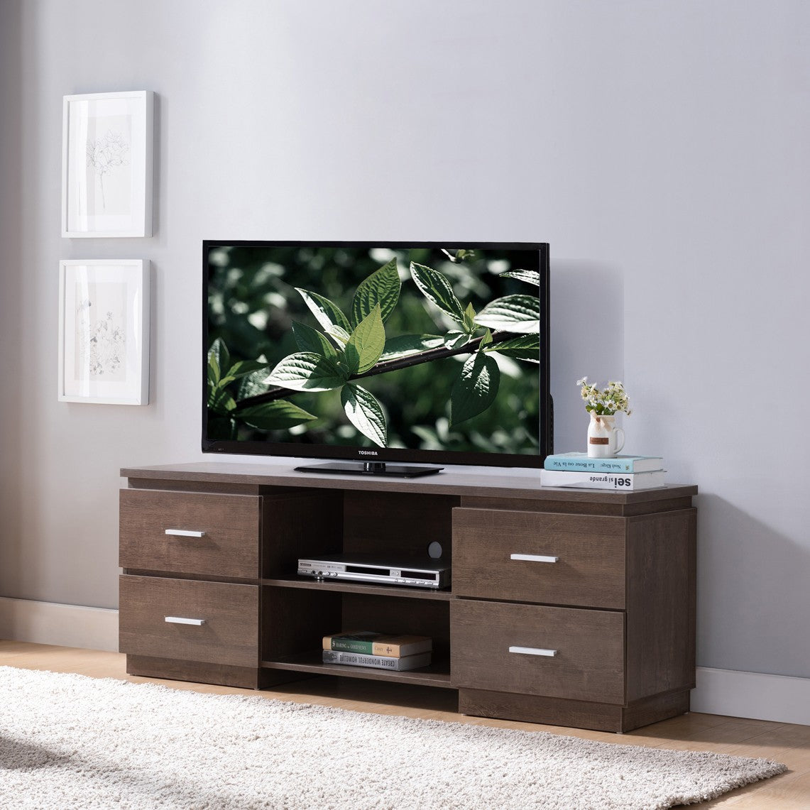 60" Brown Particle Board And Mdf Cabinet Enclosed Storage TV Stand