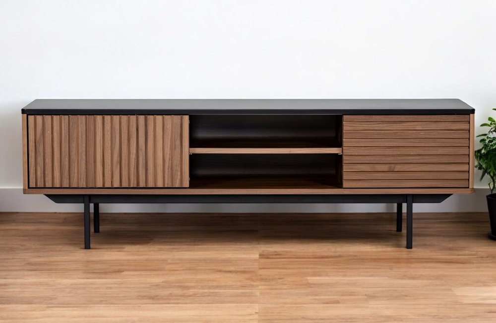 63" Walnut And Gray Wood Open And Enclosed Storage TV Stand HomeRoots
