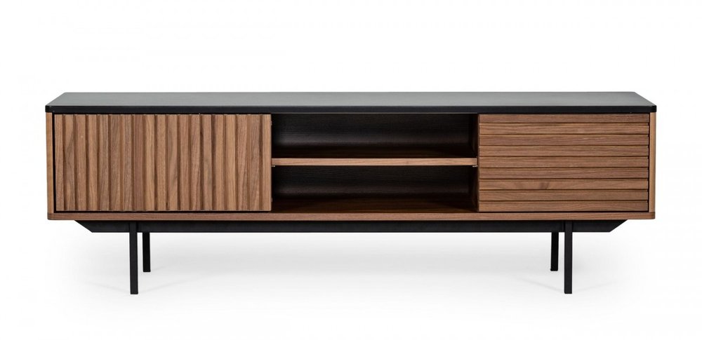 63" Walnut And Gray Wood Open And Enclosed Storage TV Stand HomeRoots