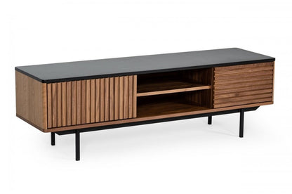 63" Walnut And Gray Wood Open And Enclosed Storage TV Stand HomeRoots