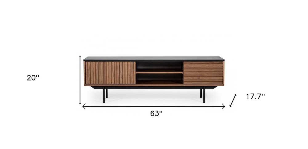 63" Walnut And Gray Wood Open And Enclosed Storage TV Stand HomeRoots