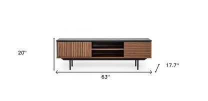 63" Walnut And Gray Wood Open And Enclosed Storage TV Stand HomeRoots