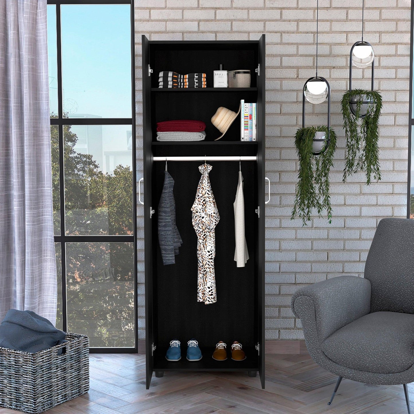 71" Black Tall Two Door Closet - FurniFindUSA