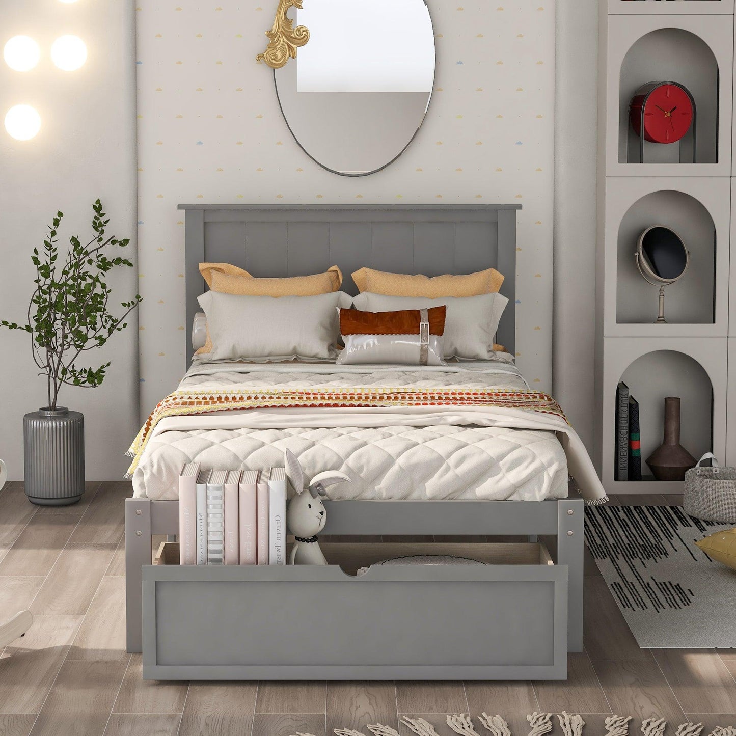 Twin Size Platform Bed with Under-bed Drawer Gray - FurniFindUSA