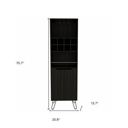 71" Black Tall Bar Cabinet with Two Door Panels and Top Wine Glass Rack HomeRoots