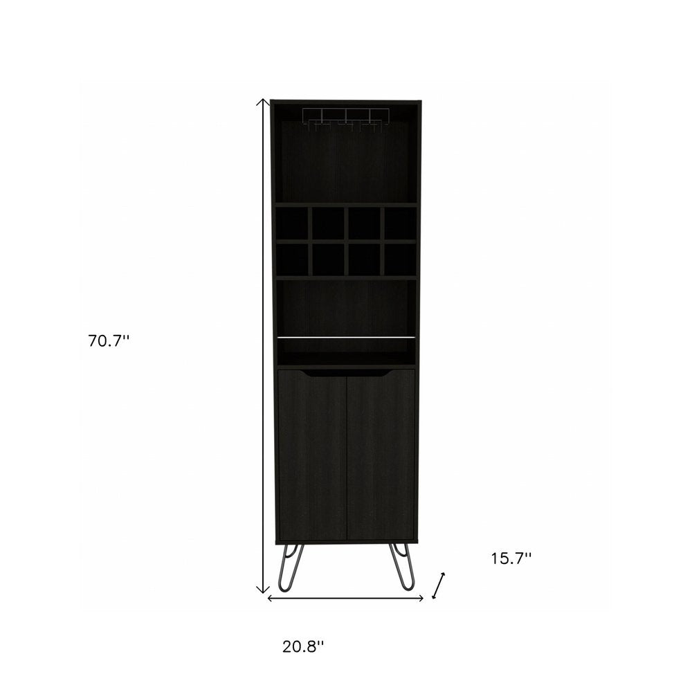 71" Black Tall Bar Cabinet with Two Door Panels and Top Wine Glass Rack — view 5