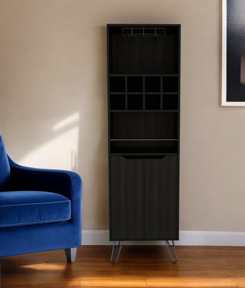71" Black Tall Bar Cabinet with Two Door Panels and Top Wine Glass Rack HomeRoots