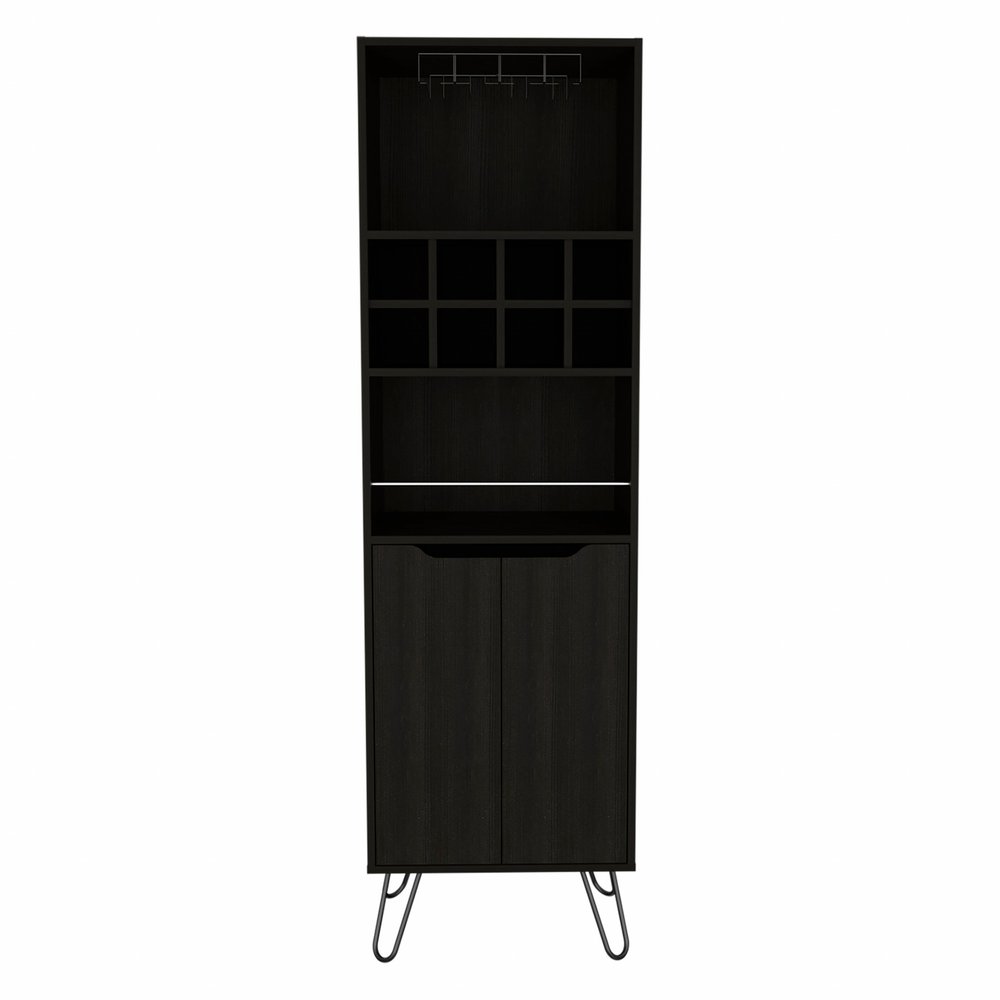 71" Black Tall Bar Cabinet with Two Door Panels and Top Wine Glass Rack — view 1