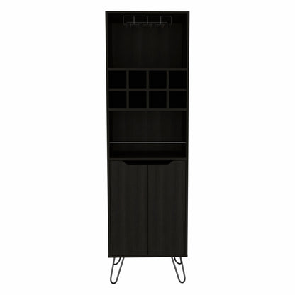 71" Black Tall Bar Cabinet with Two Door Panels and Top Wine Glass Rack