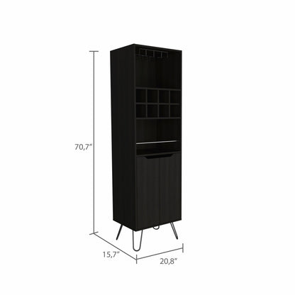 71" Black Tall Bar Cabinet with Two Door Panels and Top Wine Glass Rack