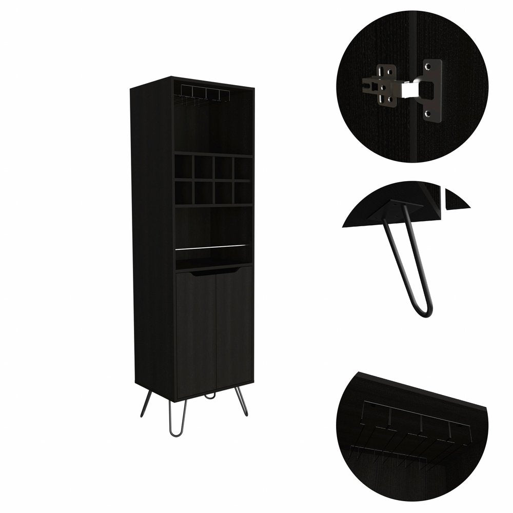 71" Black Tall Bar Cabinet with Two Door Panels and Top Wine Glass Rack — view 2