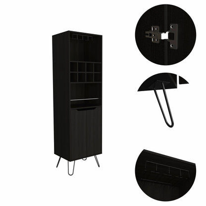 71" Black Tall Bar Cabinet with Two Door Panels and Top Wine Glass Rack HomeRoots