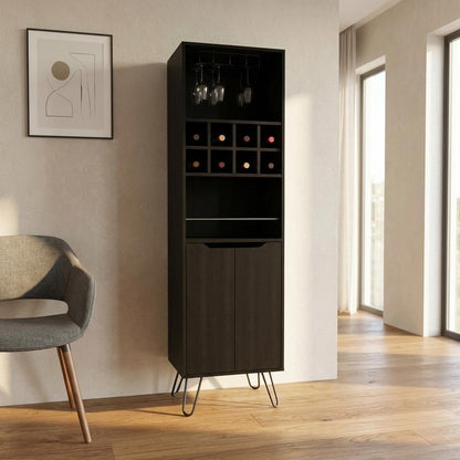 71" Black Tall Bar Cabinet with Two Door Panels and Top Wine Glass Rack HomeRoots