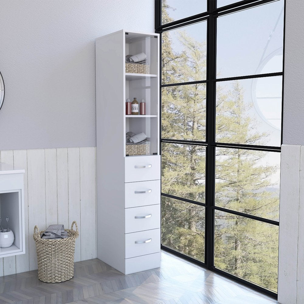 White Bathroom Storage Cabinet with Glass Door and Sliding Drawers HomeRoots