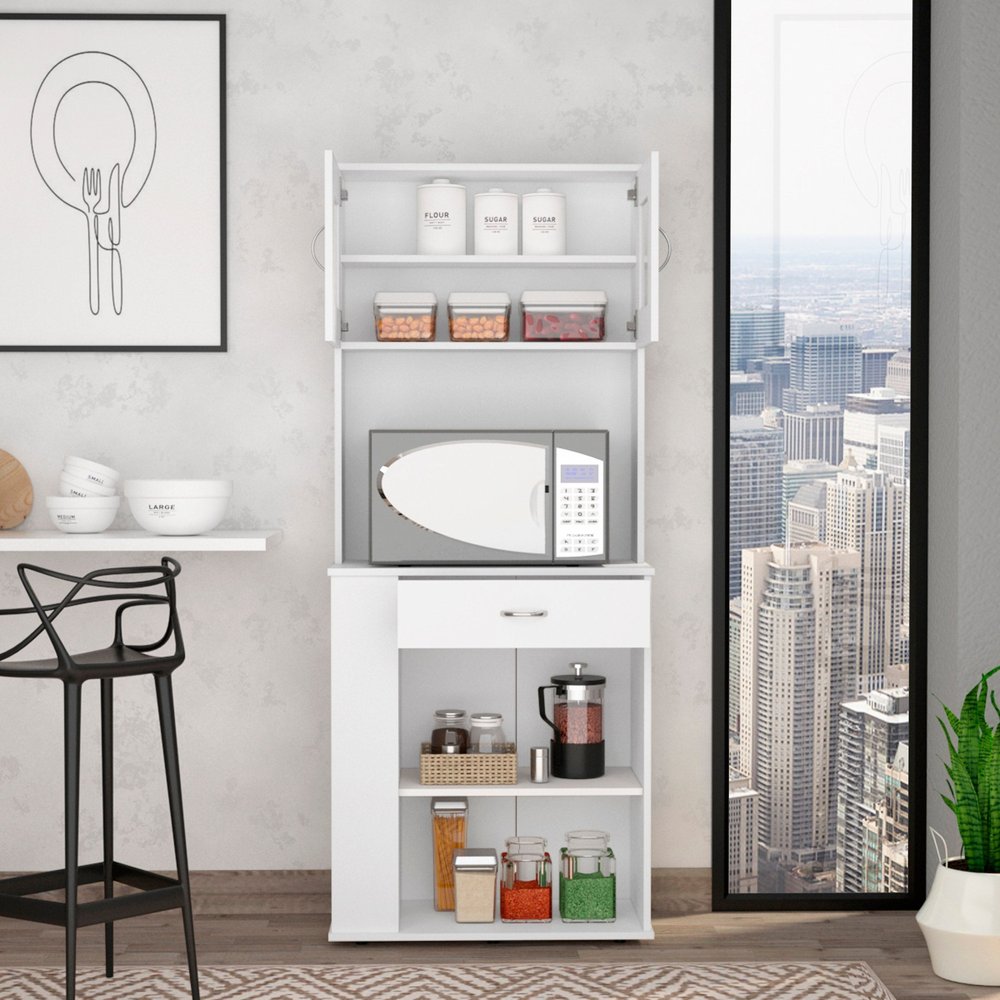 67" White Pantry Cabinet with Two Door Panels and Side Open Shelves HomeRoots