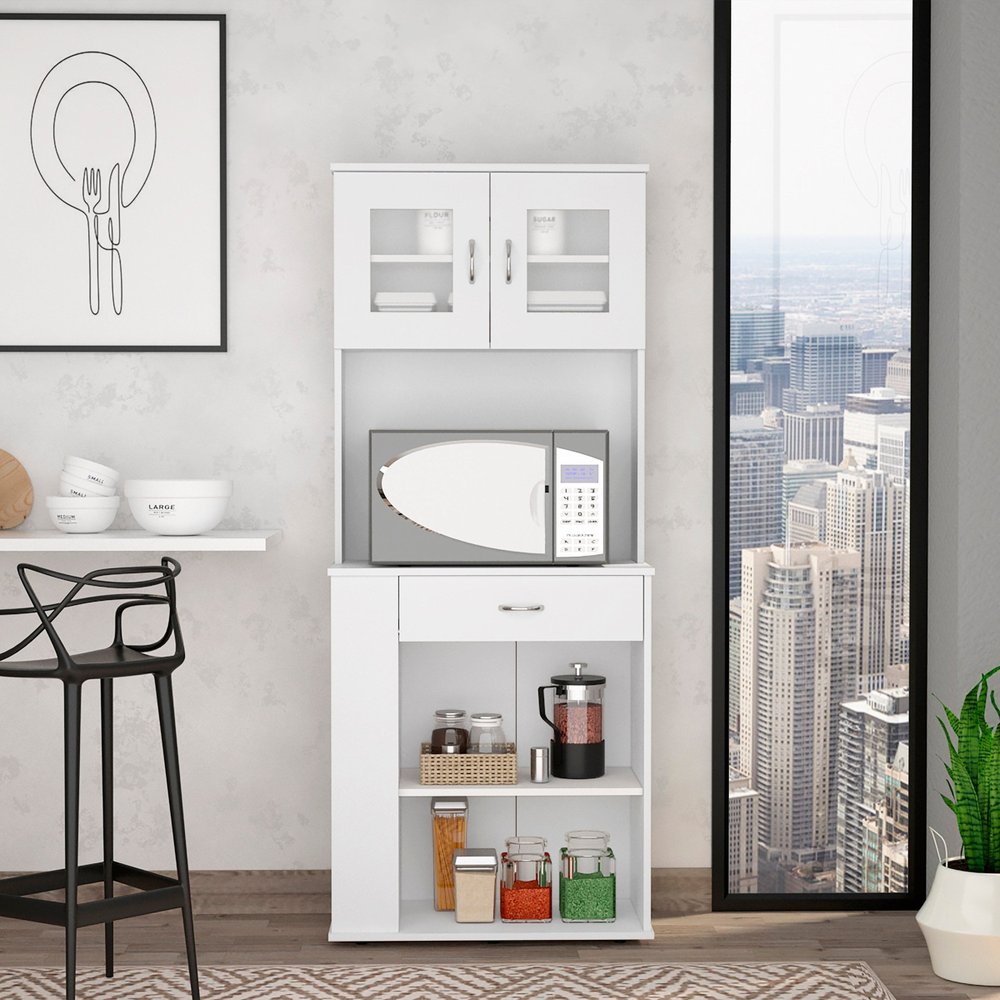 67" White Pantry Cabinet with Two Door Panels and Side Open Shelves HomeRoots