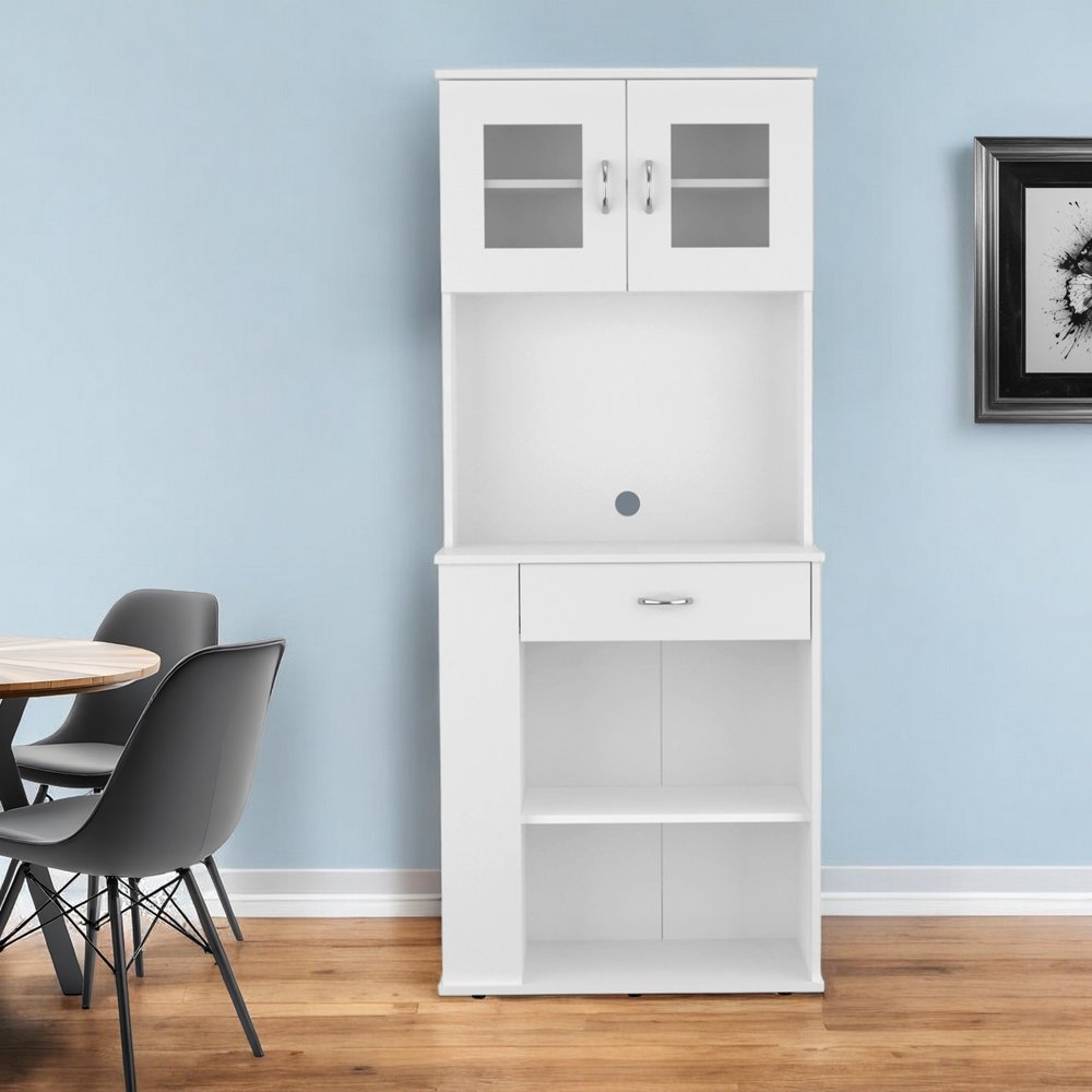 67" White Pantry Cabinet with Two Door Panels and Side Open Shelves HomeRoots