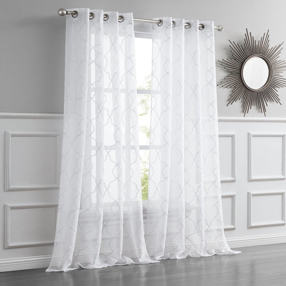 84” White Trellis Pattern Embroidered Window Curtain Panel HomeRoots