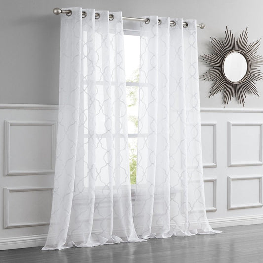84” White Trellis Pattern Embroidered Window Curtain Panel HomeRoots