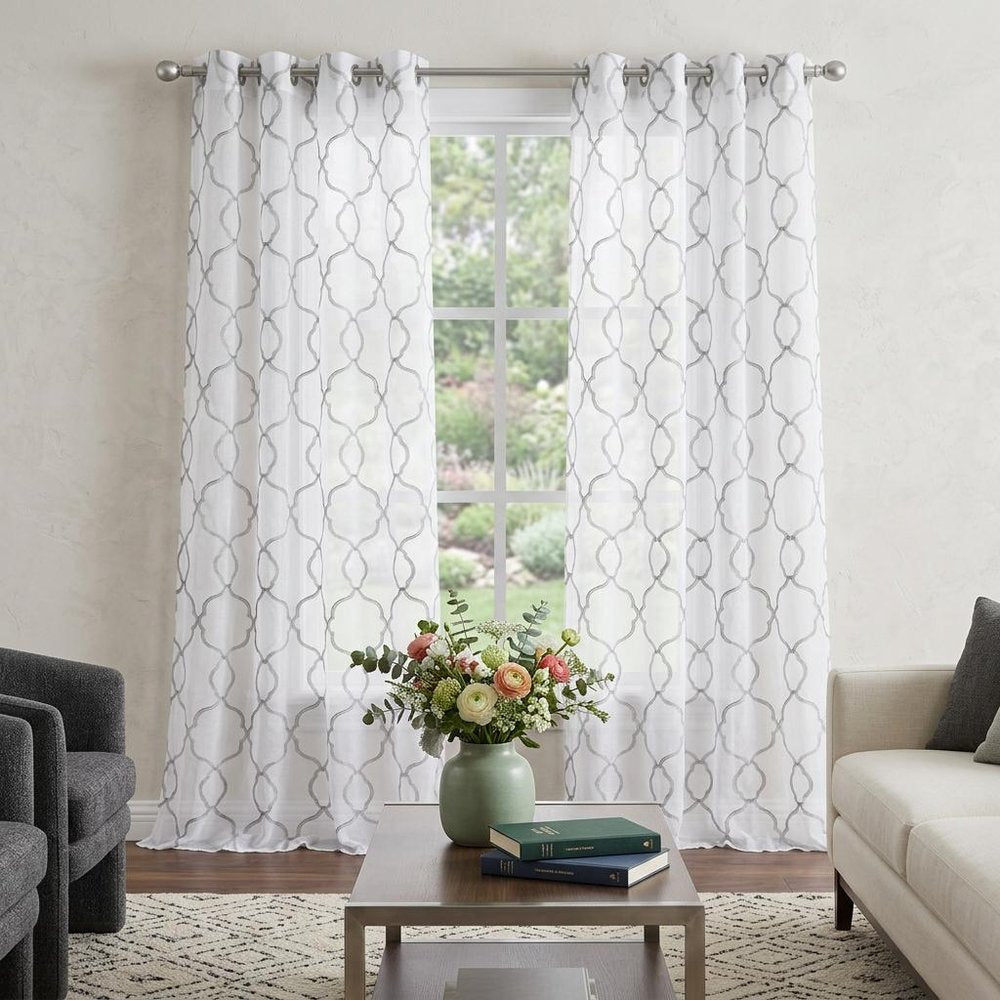 84” Silver Trellis Pattern Embroidered Window Curtain Panel HomeRoots