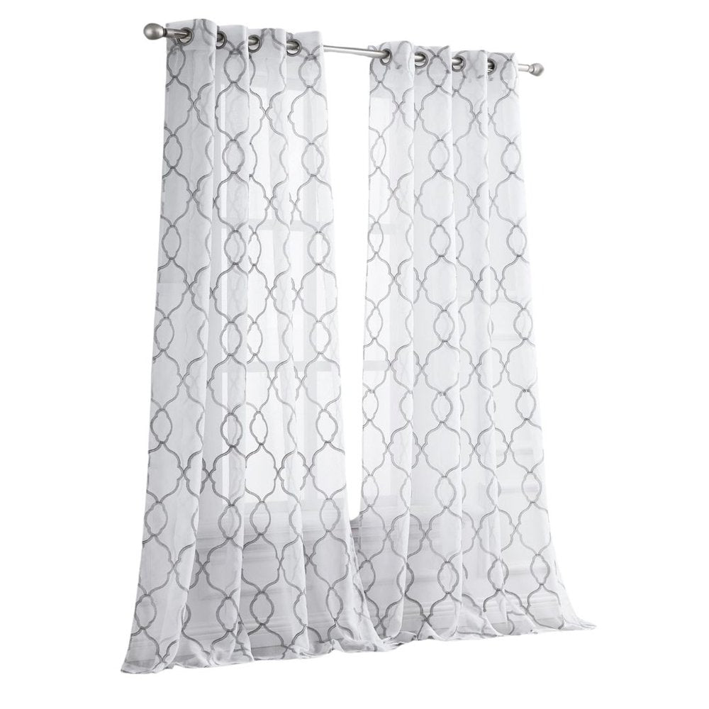 84” Silver Trellis Pattern Embroidered Window Curtain Panel — view 6