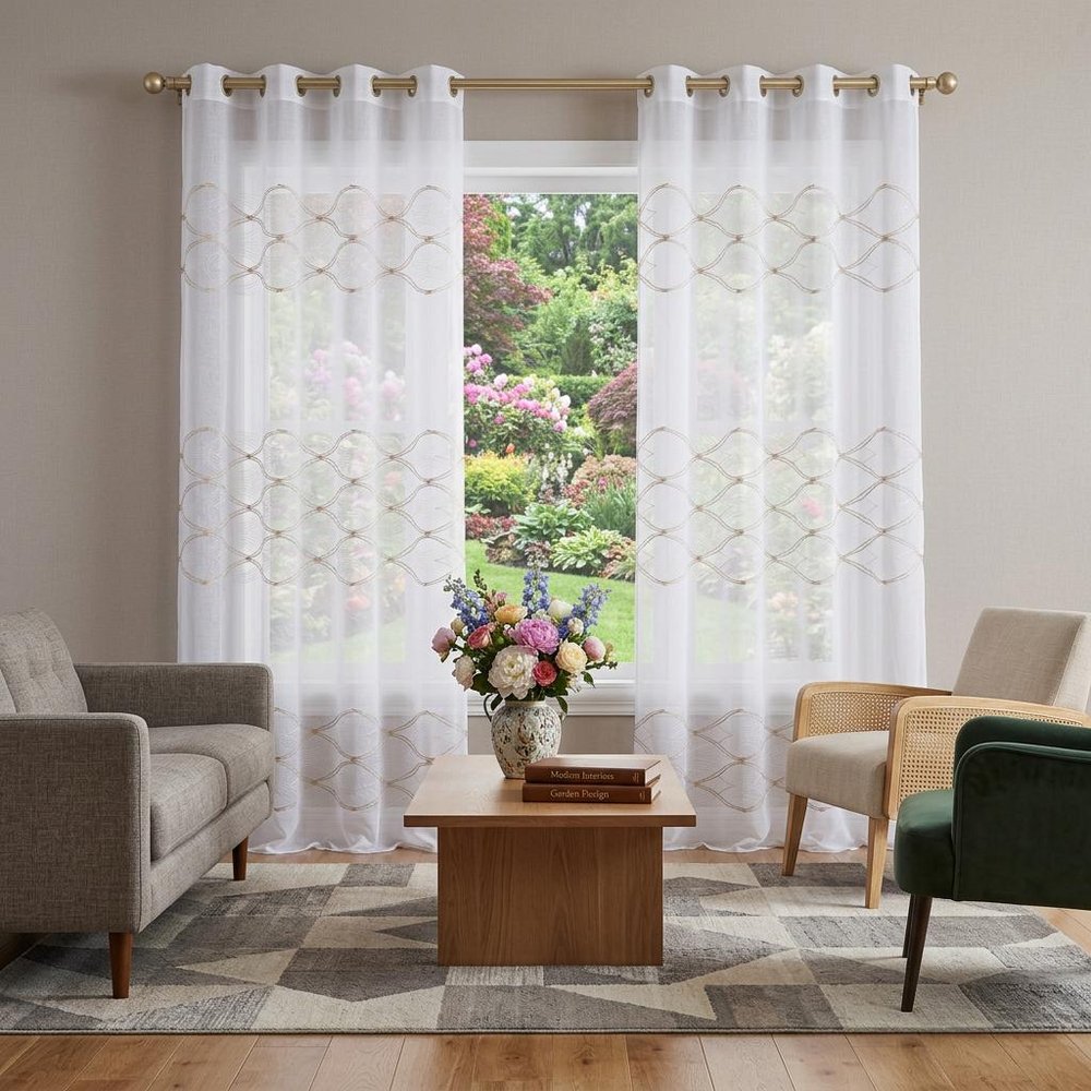 Set of Two 96" Gold and White SemiSheer Curtains HomeRoots