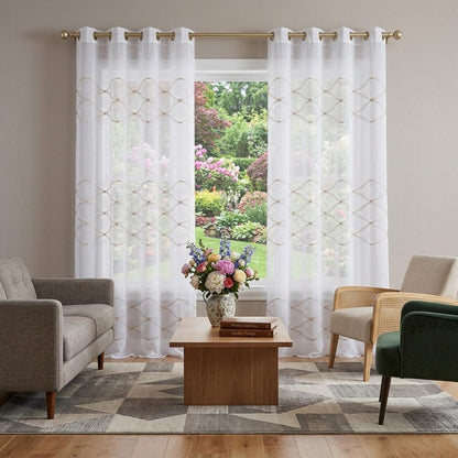 Set of Two 96" Gold and White SemiSheer Curtains HomeRoots