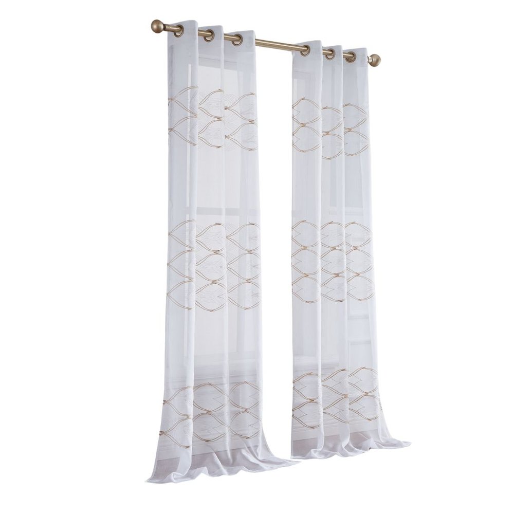 Set of Two 96" Gold and White SemiSheer Curtains HomeRoots