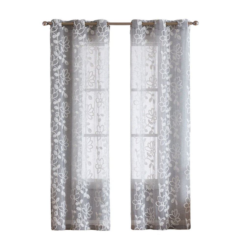 Set of Two 84"  Silver Floral Embroidered Window Panels HomeRoots
