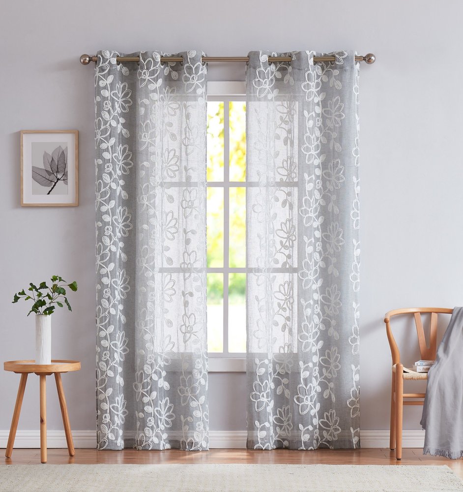 Set of Two 84"  Silver Floral Embroidered Window Panels HomeRoots