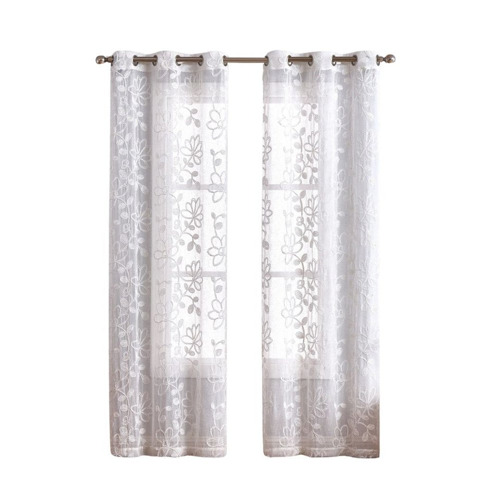 Set of Two 84"  White Floral Embroidered Window Panels — view 9