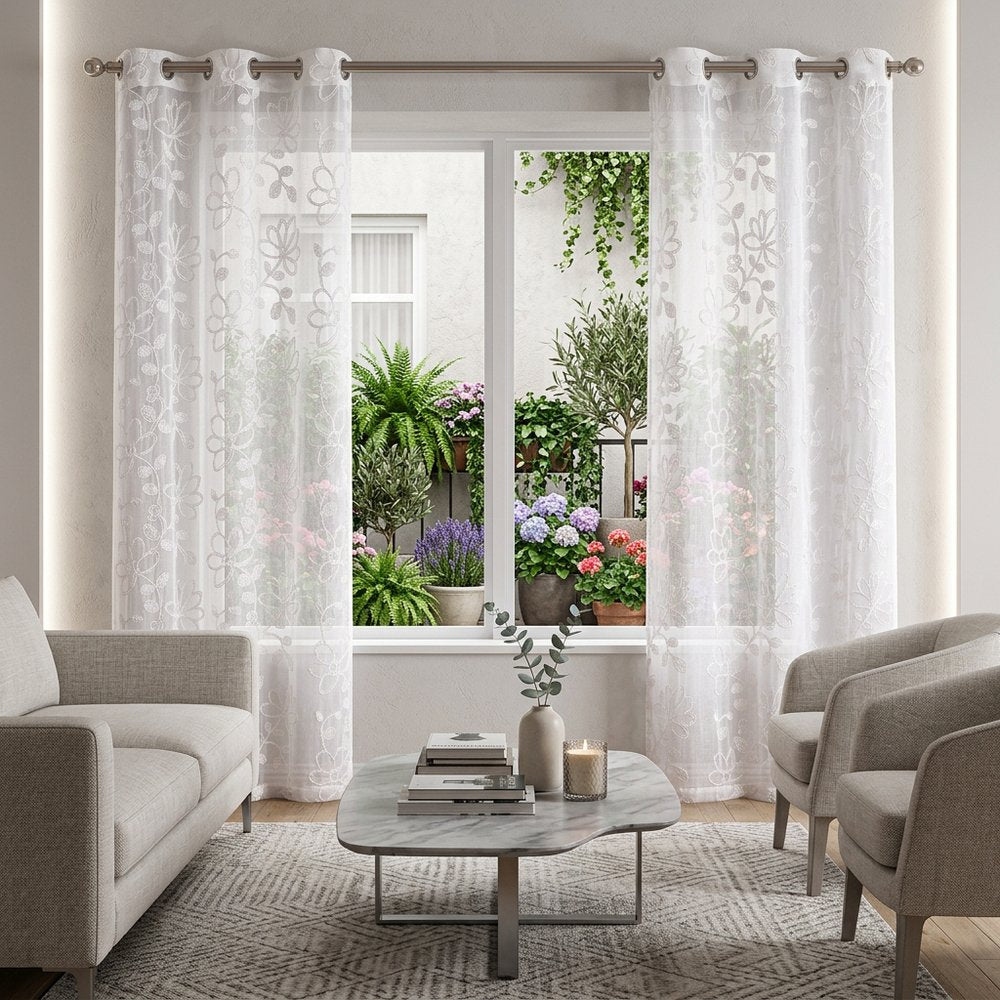 Set of Two 84"  White Floral Embroidered Window Panels HomeRoots