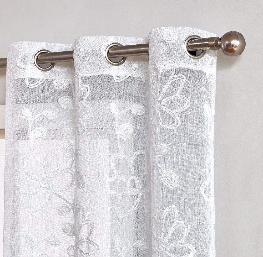 Set of Two 84"  White Floral Embroidered Window Panels HomeRoots