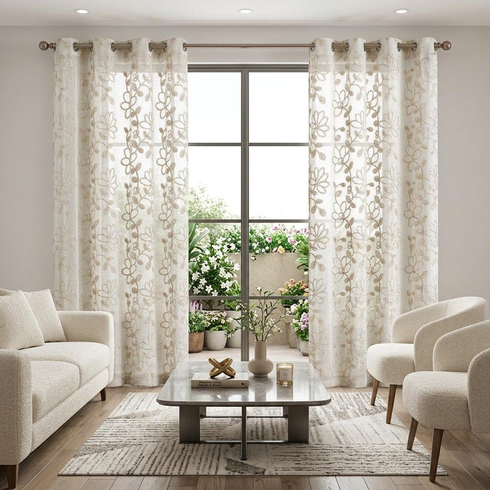 Set of Two 96"  Tan Floral Embroidered Window Panels HomeRoots