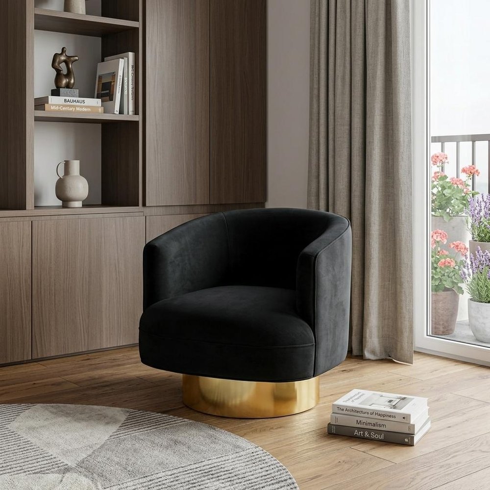 31" Black And Gold Velvet Barrel Chair HomeRoots